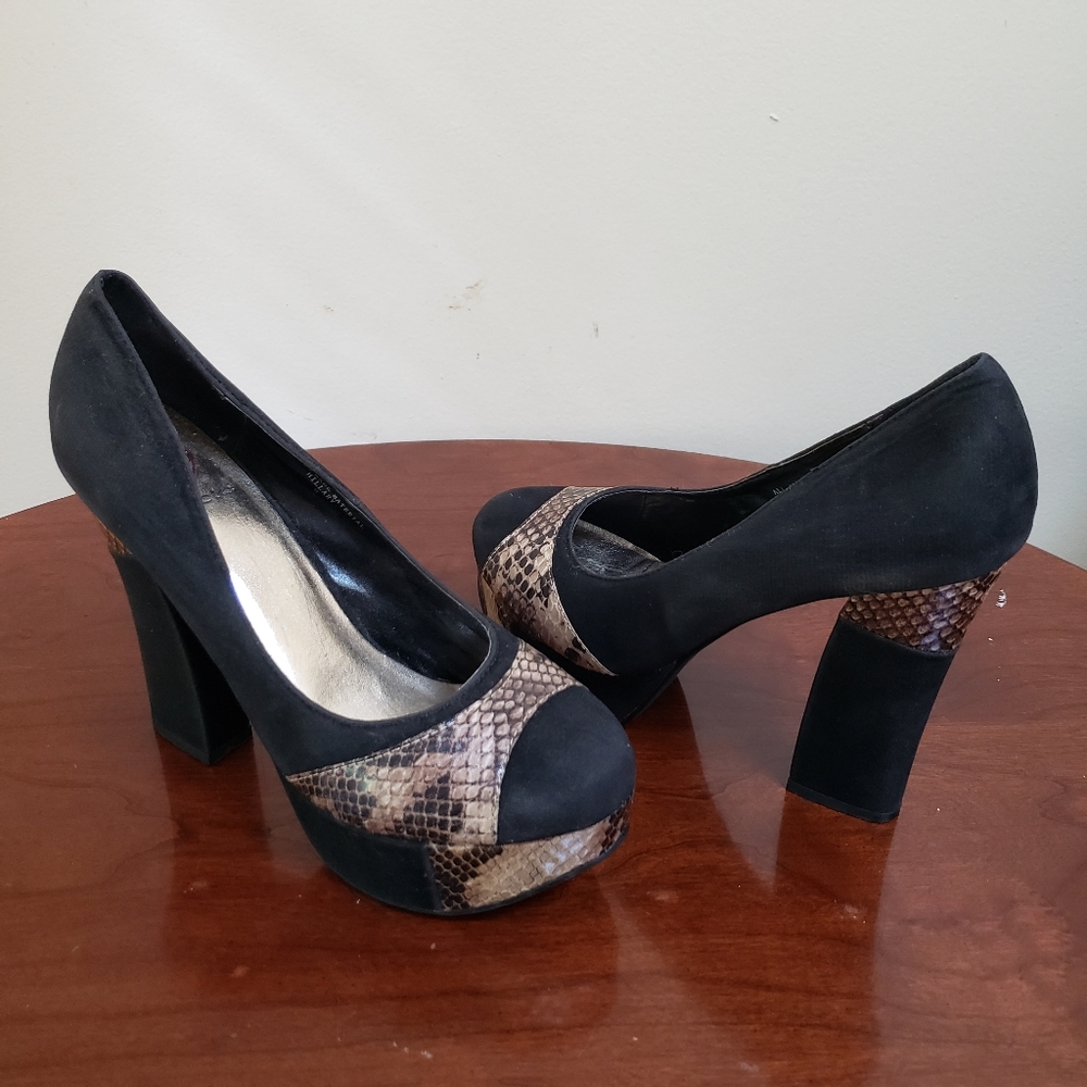 Red Circle Black Snake Print Platform Block Heels - image 1